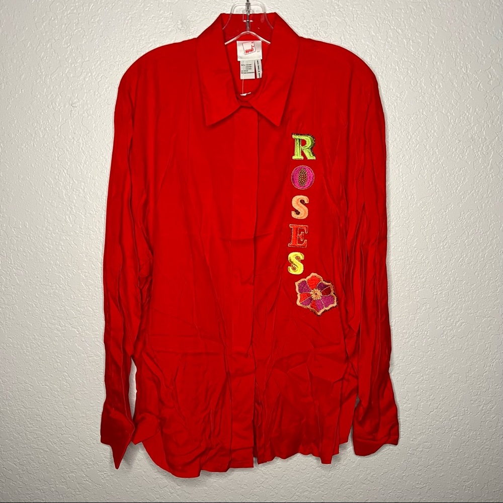 Vintage Mondi Womens Long Sleeve Button Up Shirts Roses Embroidered Bust 44 In